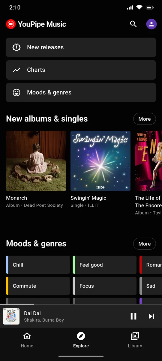 Explore: New releases, charts, moods and genres