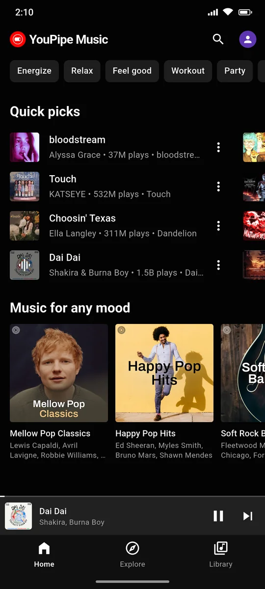 Home: Quick picks, moods and mixes made for you